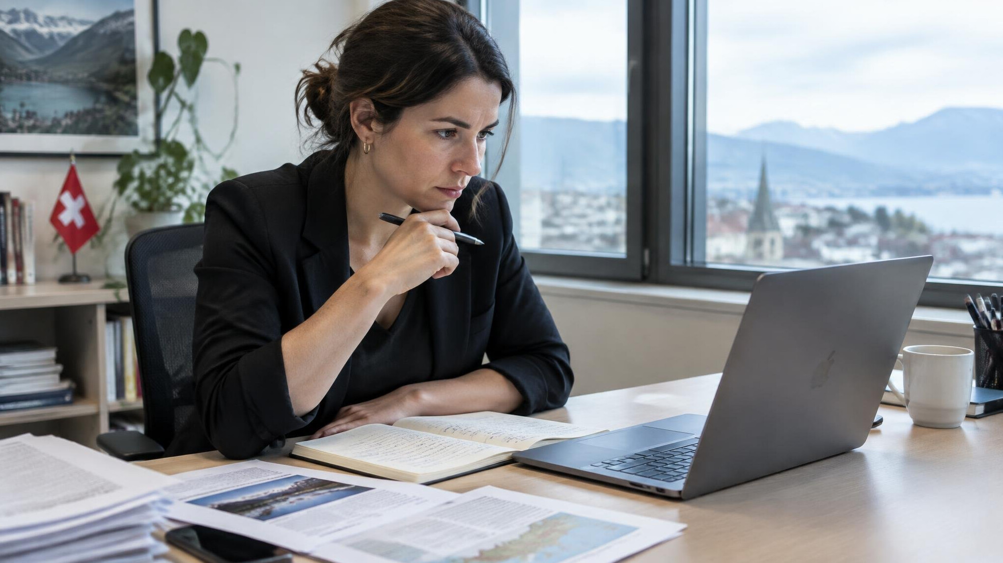 Journalist checking facts on a laptop with handwritten notes