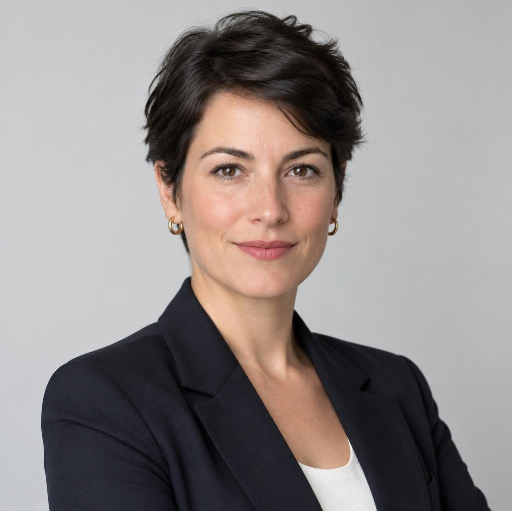 Studio portrait of a woman in her 30s with short dark hair