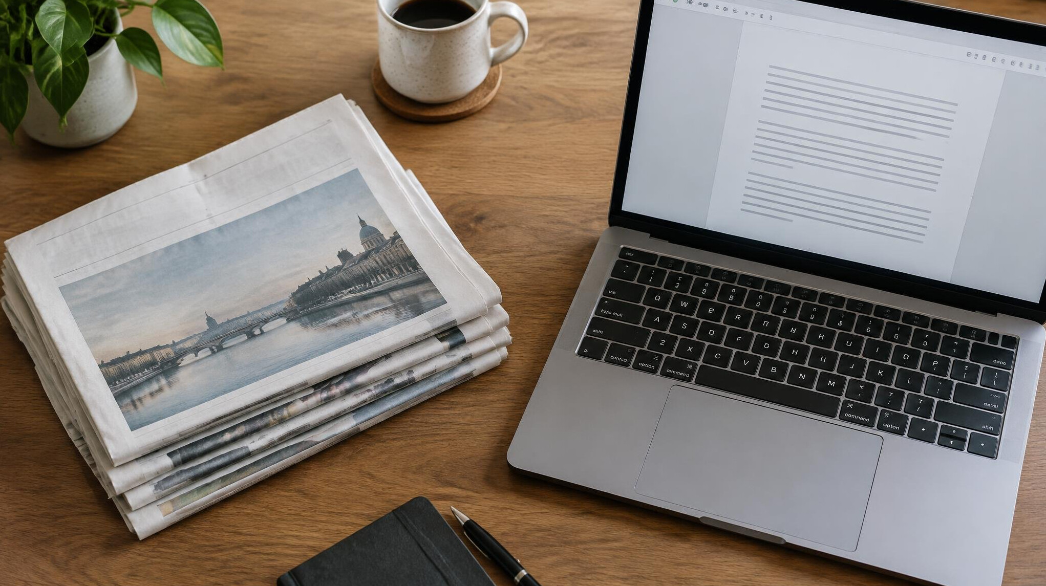 Stack of folded newspapers next to an open laptop