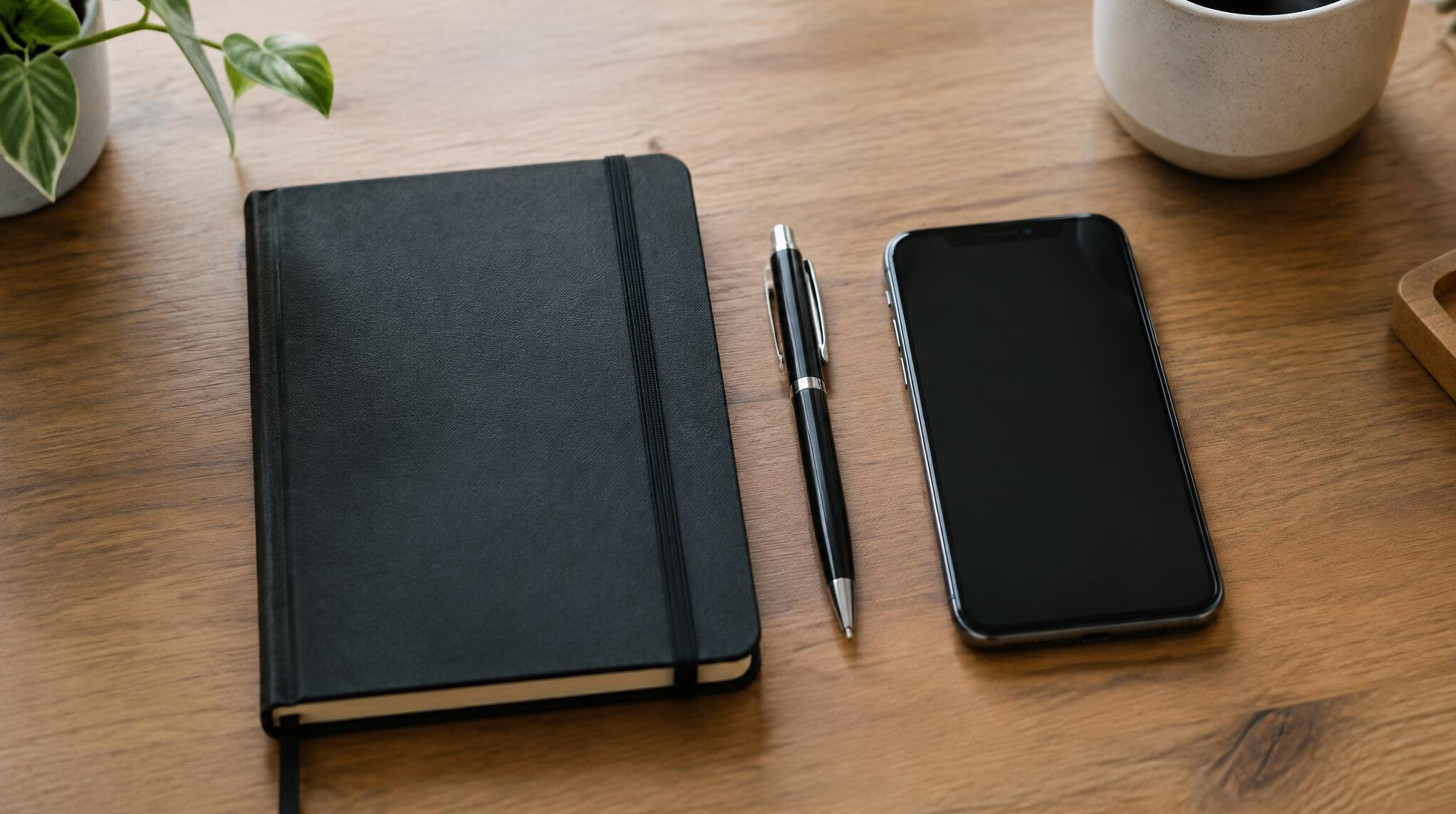 Notebook and smartphone placed on a desk ready for a message