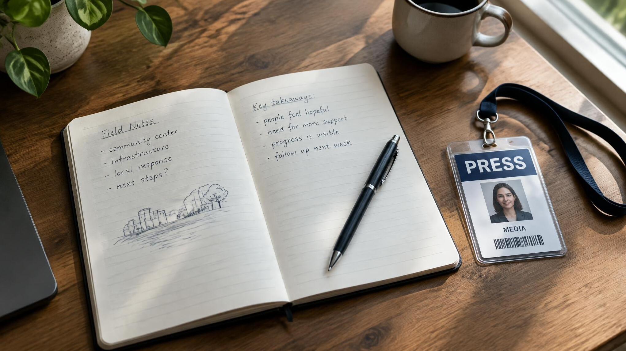 Open notebook with a pen next to a press badge on a desk