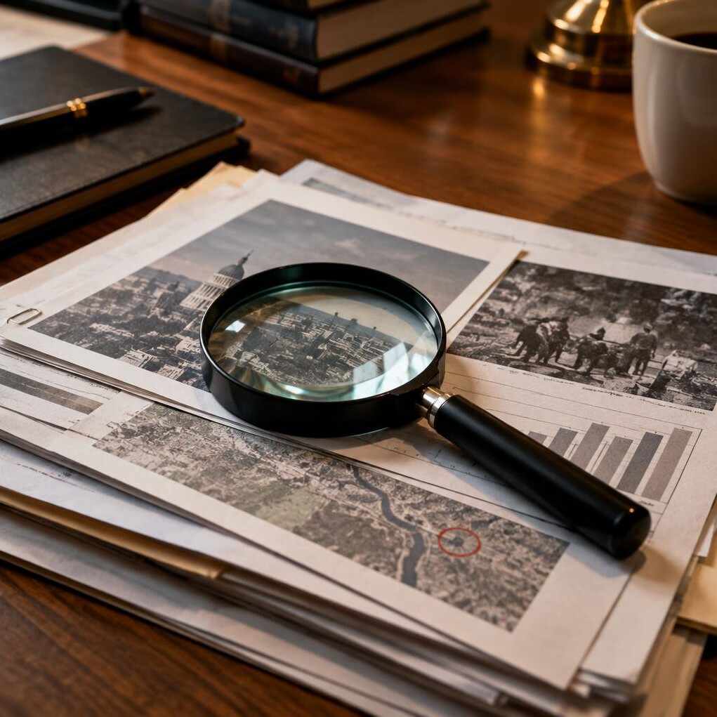 Magnifying glass on top of printed documents on a desk