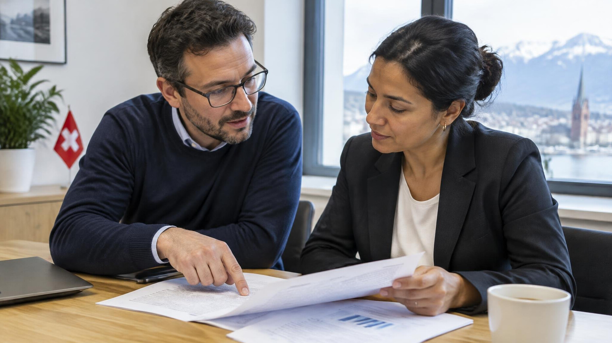 Two colleagues reviewing printed reports together at a table
