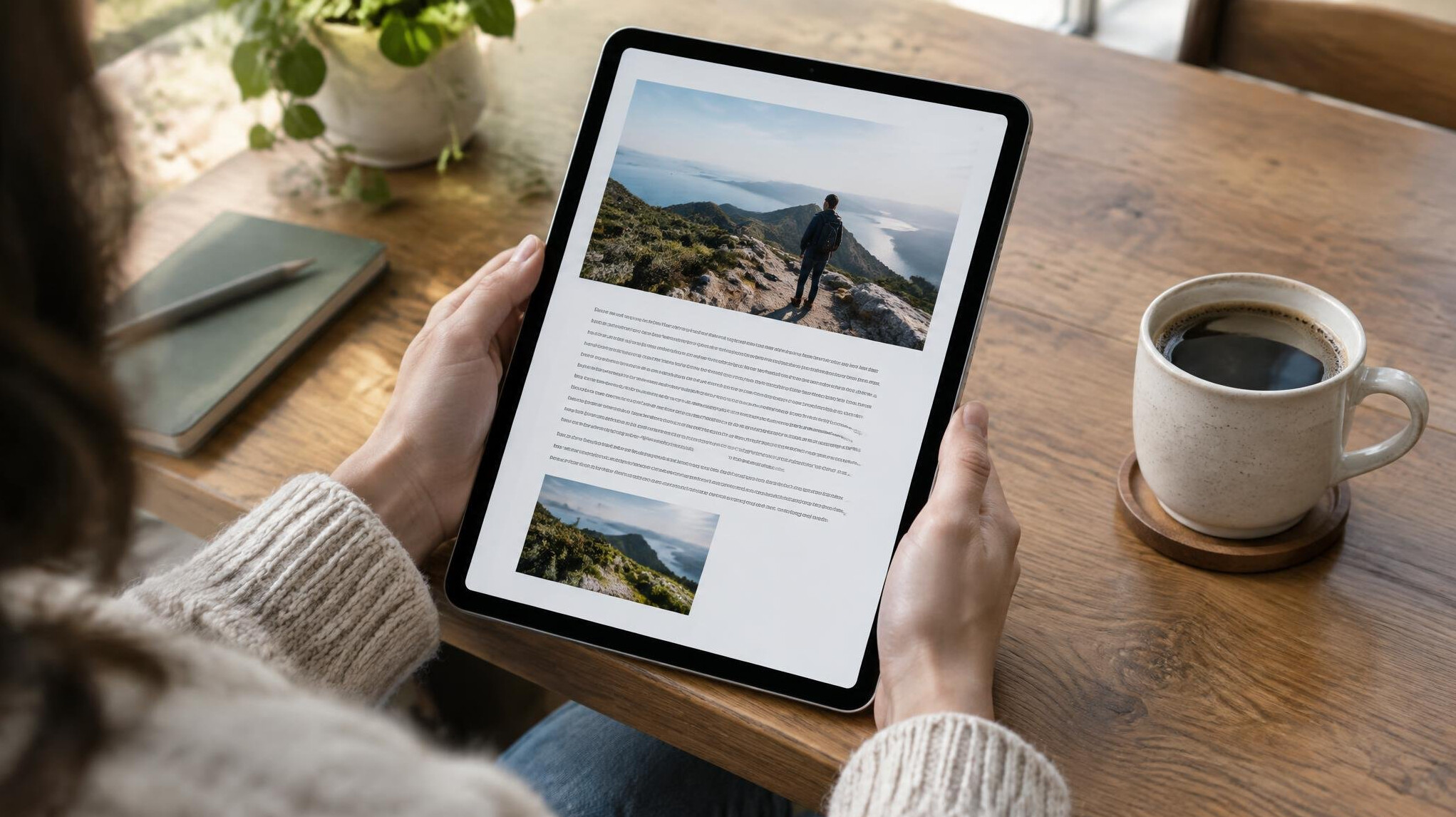 Person reading a long-form report on a tablet at a cafe table