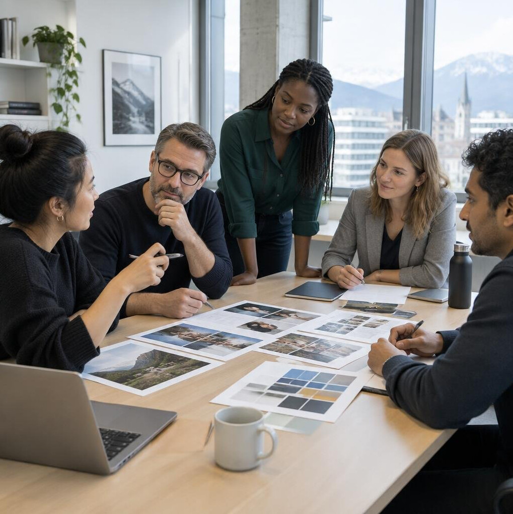 Diverse editorial team discussing around a meeting table